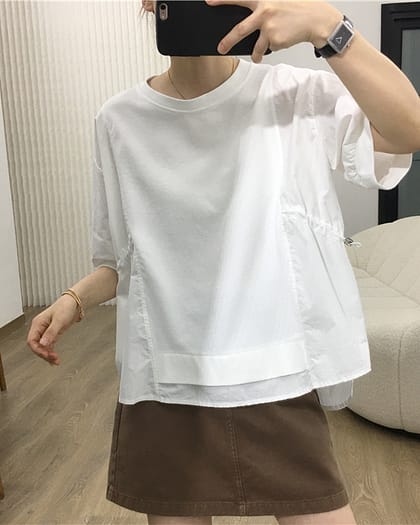 《Helloyabi》🍀夏日炎炎 拼接T恤呼之欲出 兩色圓領不規則拼接抽繩設計舒適棉質夏季質感T恤 女生夏季上衣