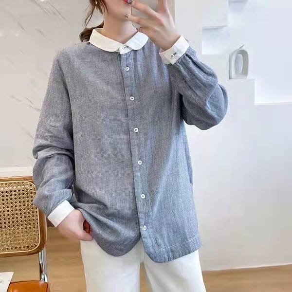 | 日系 | 拼接娃娃領寬鬆細格棉紗長袖襯衫(預購+現貨)