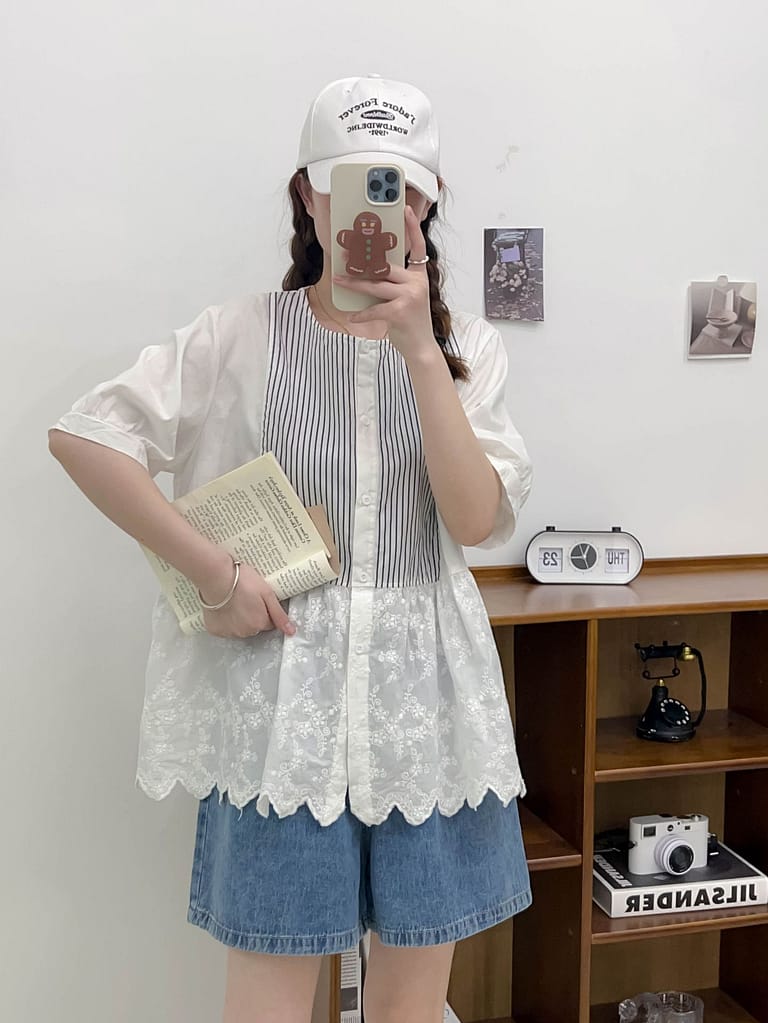 日系夏季圓領條紋波浪下擺短袖襯衫