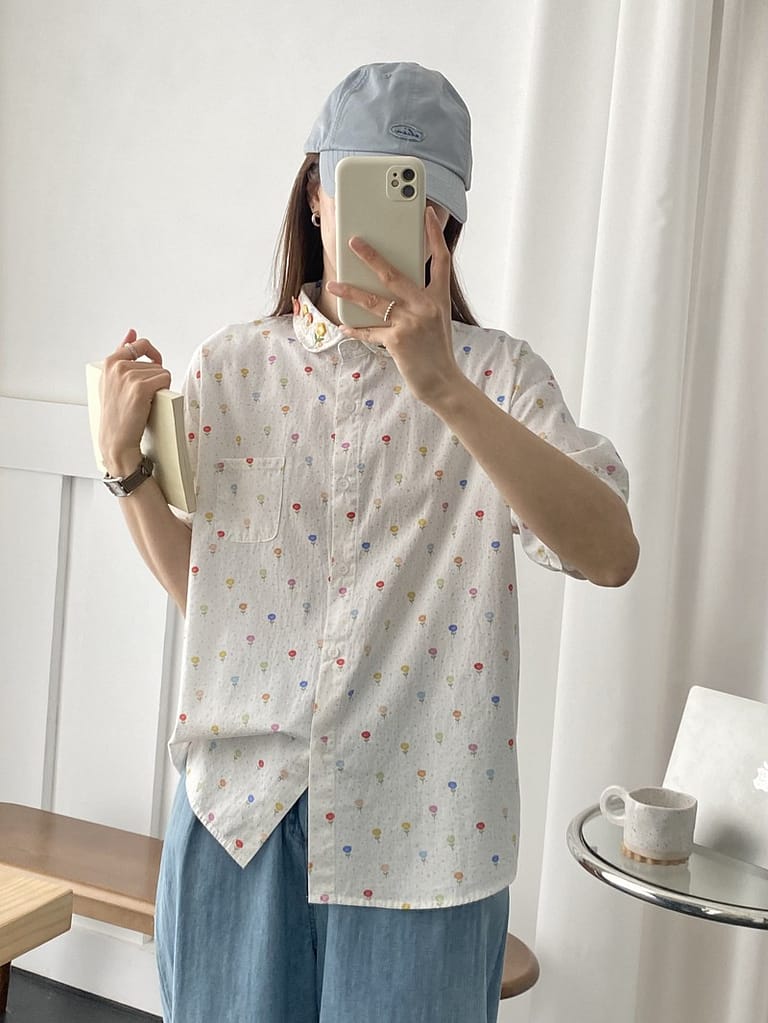 日系森女新款 小草印花 领子小花装饰 宽松短袖衬衫批发潮