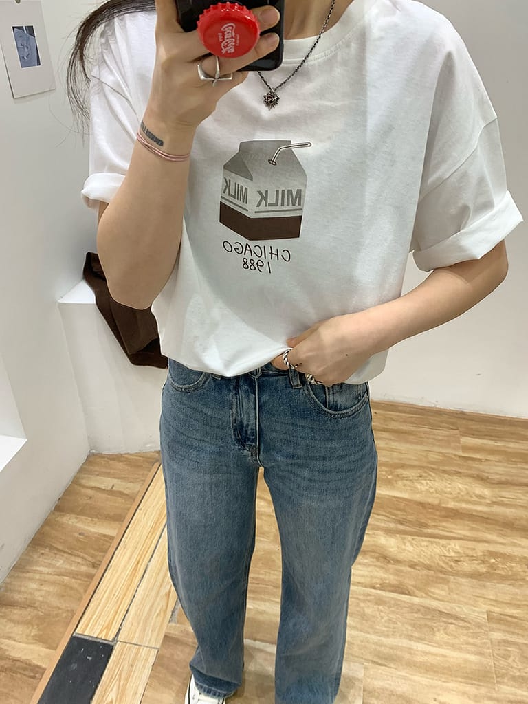 復古兩款圓領筆記本牛奶盒子圖案韓系寬鬆舒適棉質夏季T恤 韓系女生夏季上衣 