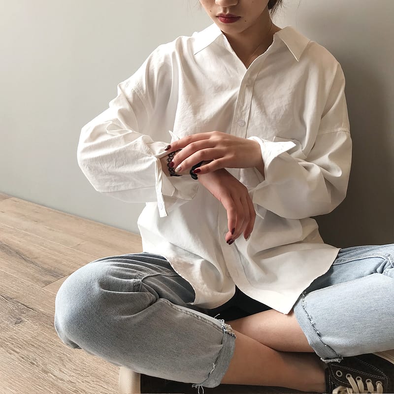 有領棉質闊形復古長袖寬鬆襯衫