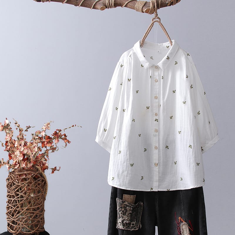《Helloyabi》日系復古有領樹葉圖案雙層棉紗七分袖襯衫
