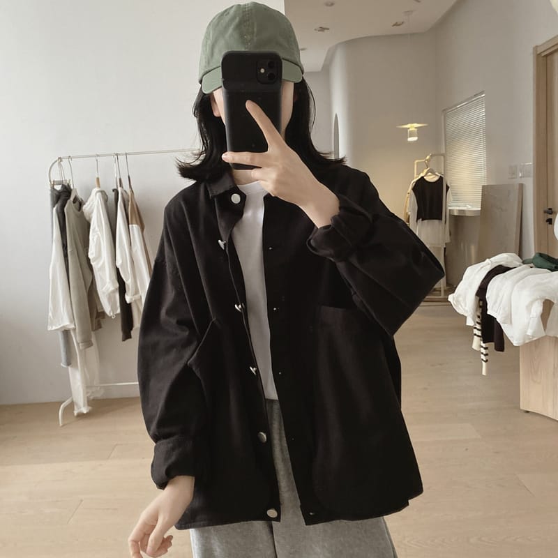 工装外套女春秋季新款宽松大码显瘦小众设计感复古大口袋棉质上衣